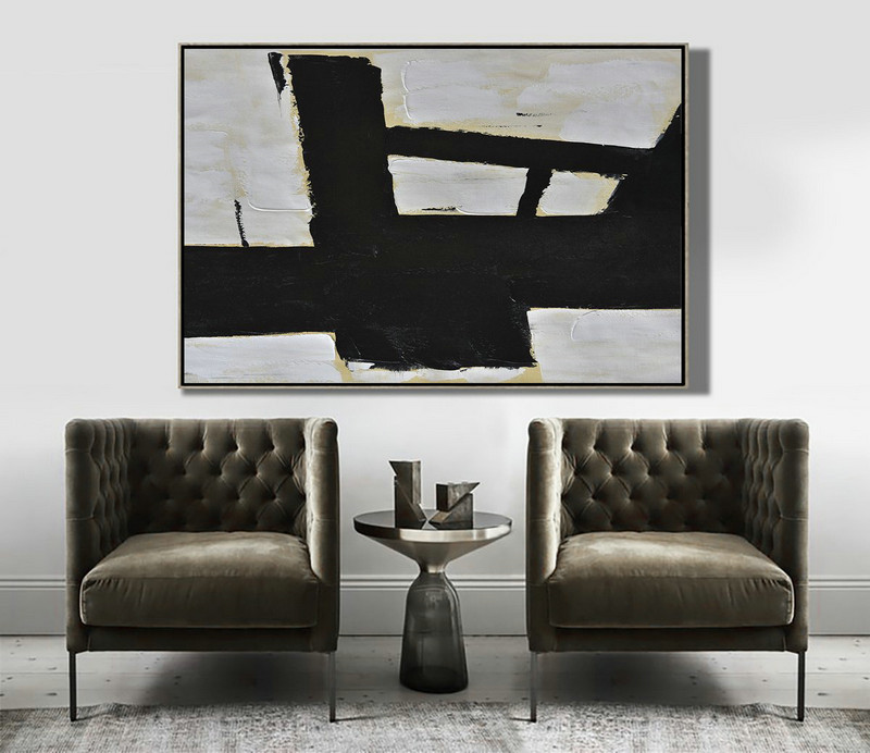 Acrylic Painting Wall Art,Horizontal Palette Knife Minimal Canvas Art Painting Black White Beige - Big Painting